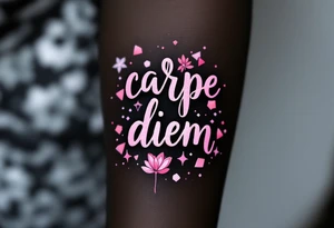 Pink ink lettering "carpe diem" on darker skin, glowing subtly like chalk on a blackboard, surrounded by geometric shapes. tattoo idea