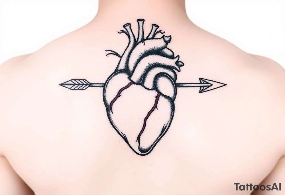 anatomical heart pierced by ornate arrow with flowing ribbons tattoo idea