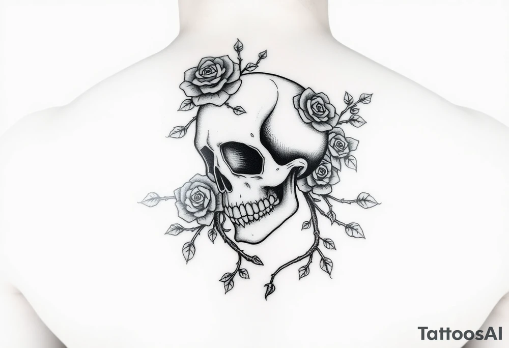 gothic skull intertwined with climbing roses and thorny vines tattoo idea