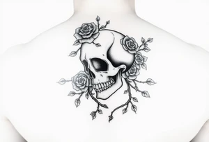 gothic skull intertwined with climbing roses and thorny vines tattoo idea