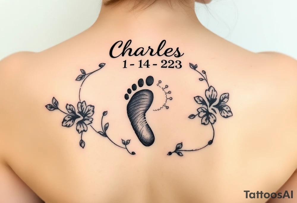 baby footprint print with the name Charles above it, the date 1-14-23 below it and surrounded by floral vines tattoo idea