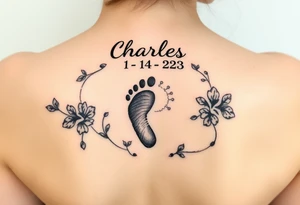 baby footprint print with the name Charles above it, the date 1-14-23 below it and surrounded by floral vines tattoo idea