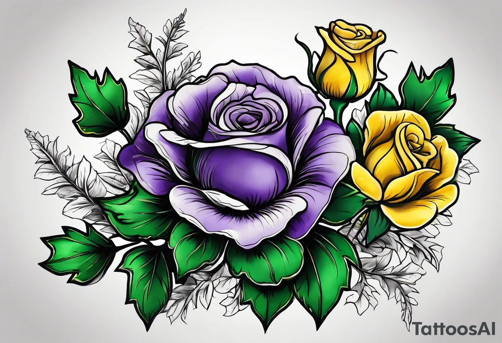 3 flowers, A purple thistle and a yellow rose and a green shamrock, whose stems spell K N D. tattoo idea