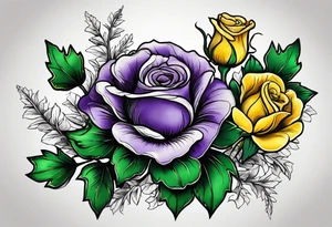 3 flowers, A purple thistle and a yellow rose and a green shamrock, whose stems spell K N D. tattoo idea