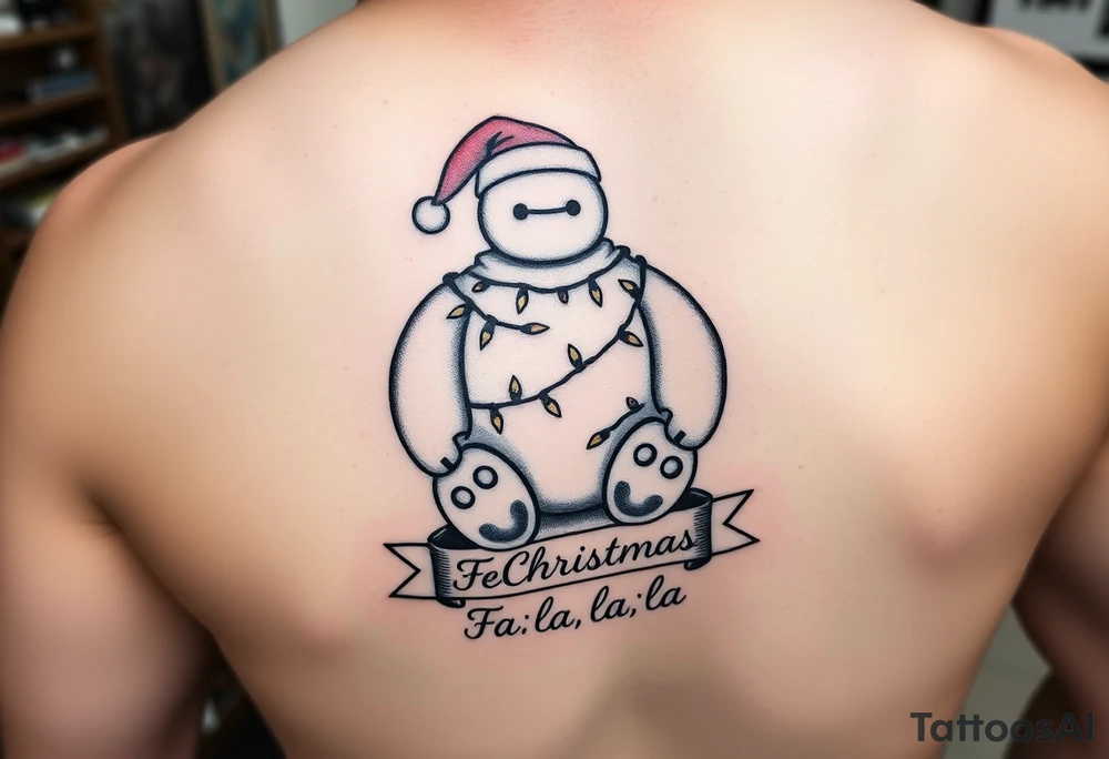 Disney Christmas themed sitting Baymax  wrapped up in Christmas lights and Santa hat with banner at bottom with "Fa-la-la-la-la" in writing on arm tattoo idea