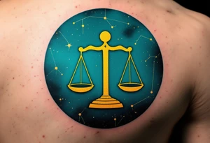 A minimalist design places the Libra symbol in pale yellow above dotted constellation lines on a rich teal circle. tattoo idea