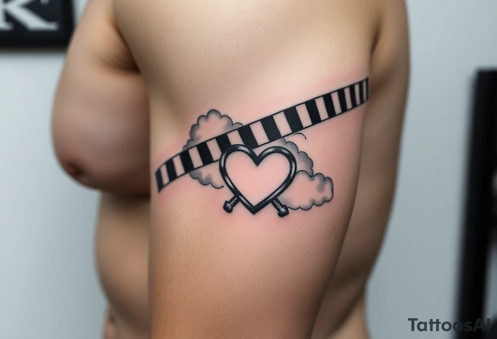 Caution tape with clouds around it, with chrome heart crosses logo tattoo idea