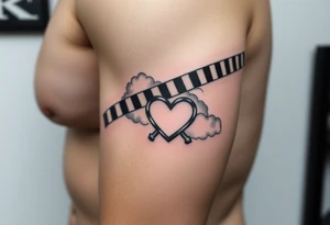 Caution tape with clouds around it, with chrome heart crosses logo tattoo idea