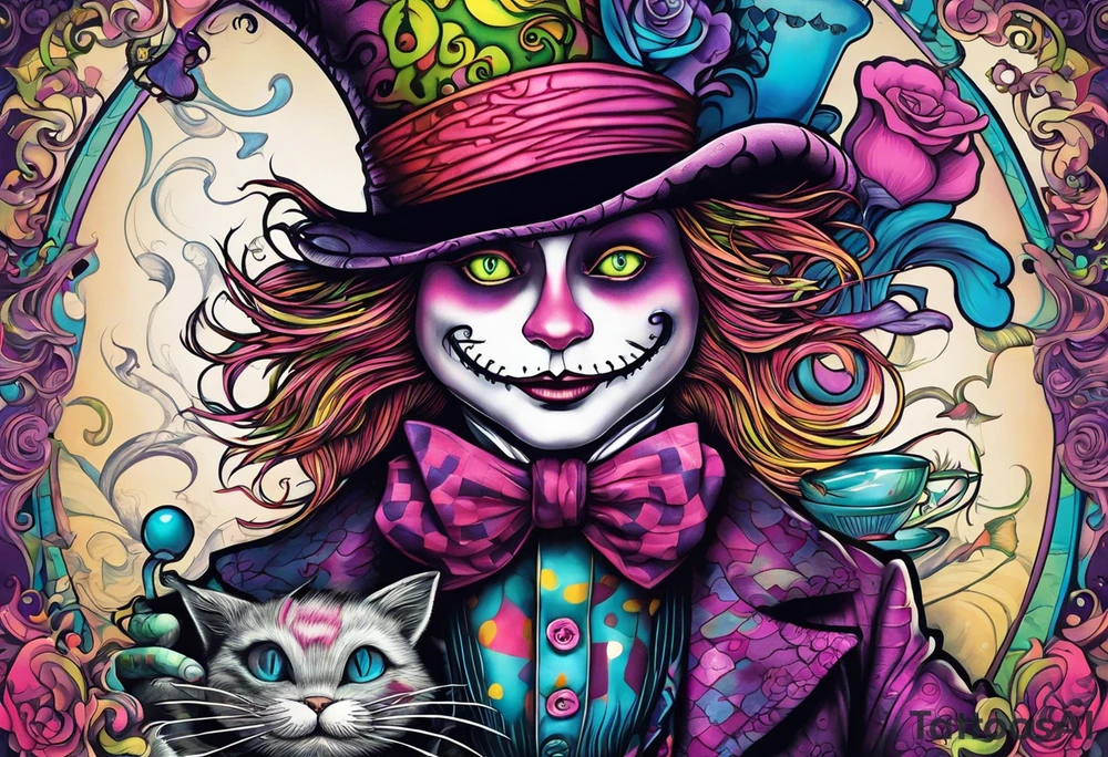 Alice in Wonderland. Mad hatter, Cheshire Cat, hook-a smoking caterpillar, eat me, drink me, we are all mad here. Colorful. Psychedelic. Playful. tattoo idea