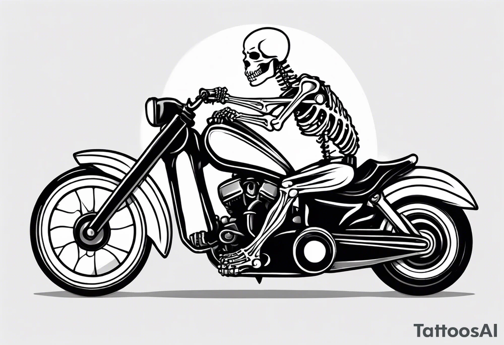 A skeleton and a Pitt bull driving a motorcycle tattoo idea