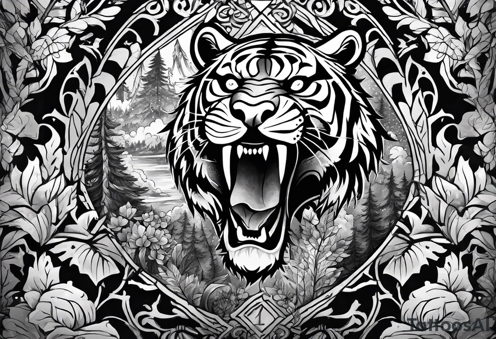 Tiger and bear growling chest tattoo both on different pecs. They are in a cloudy forest with fierce warriors. Number 14 is in the sternum tattoo idea