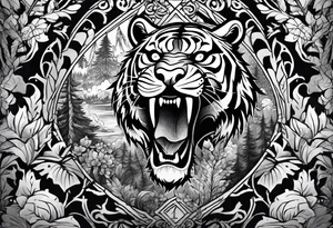 Tiger and bear growling chest tattoo both on different pecs. They are in a cloudy forest with fierce warriors. Number 14 is in the sternum tattoo idea