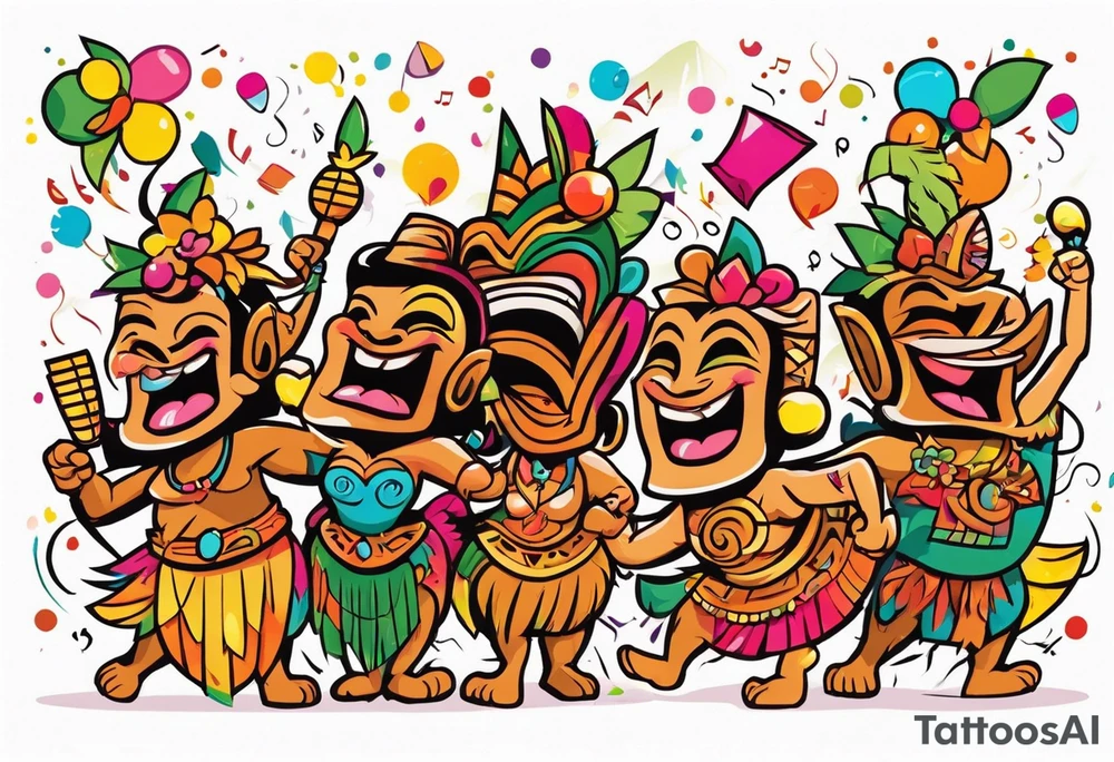 tiki party with dancing tiki guys and sexy tiki girls with music notes and confetti tattoo idea