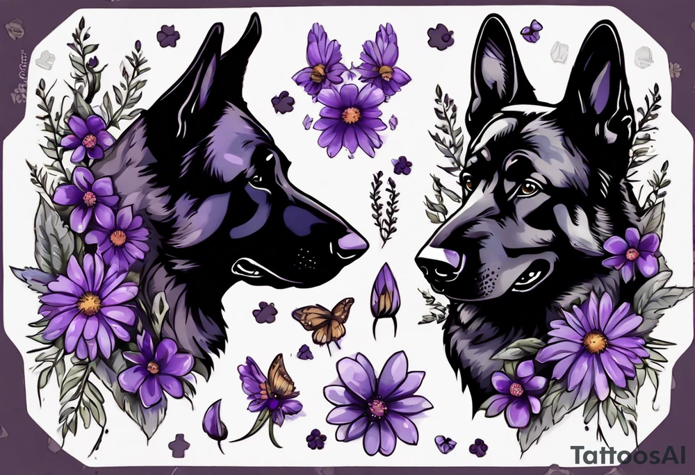Dark brown German Shepherd with purple daisies tattoo idea