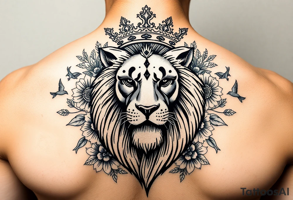 powerful majestic lion with a crown, surrounded by floral ornaments and birds tattoo idea