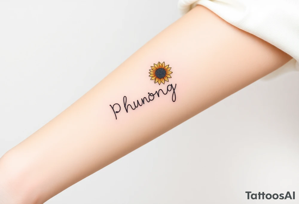 Word "PHUONG" written vertical with the sunflower. tattoo idea