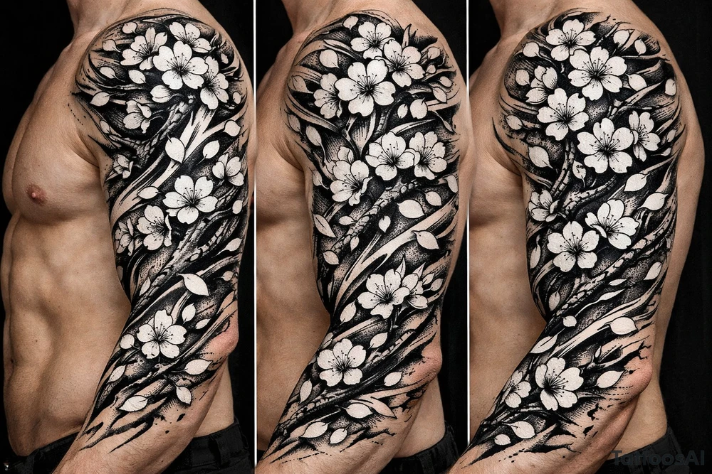 delicate cherry blossoms swirling in spring breeze with petals tattoo idea