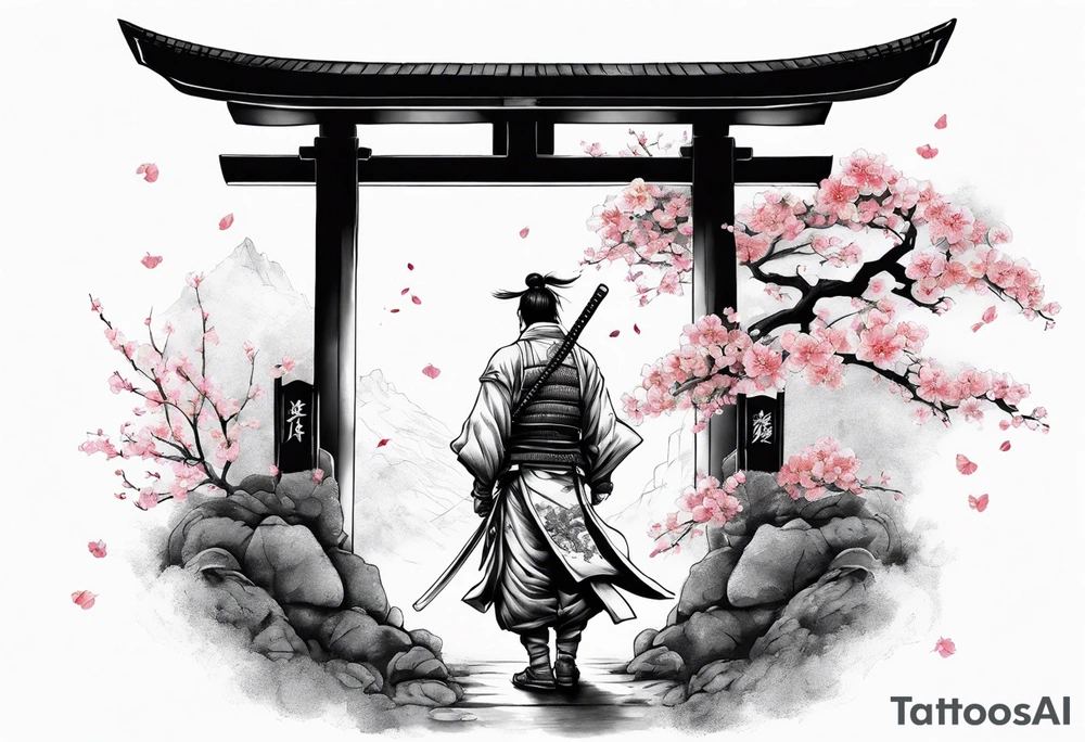 Lonesome samurai warrior standing behind a Tori gate depicting memento mori and cherry blossom leaves falling around him tattoo idea