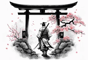 Lonesome samurai warrior standing behind a Tori gate depicting memento mori and cherry blossom leaves falling around him tattoo idea