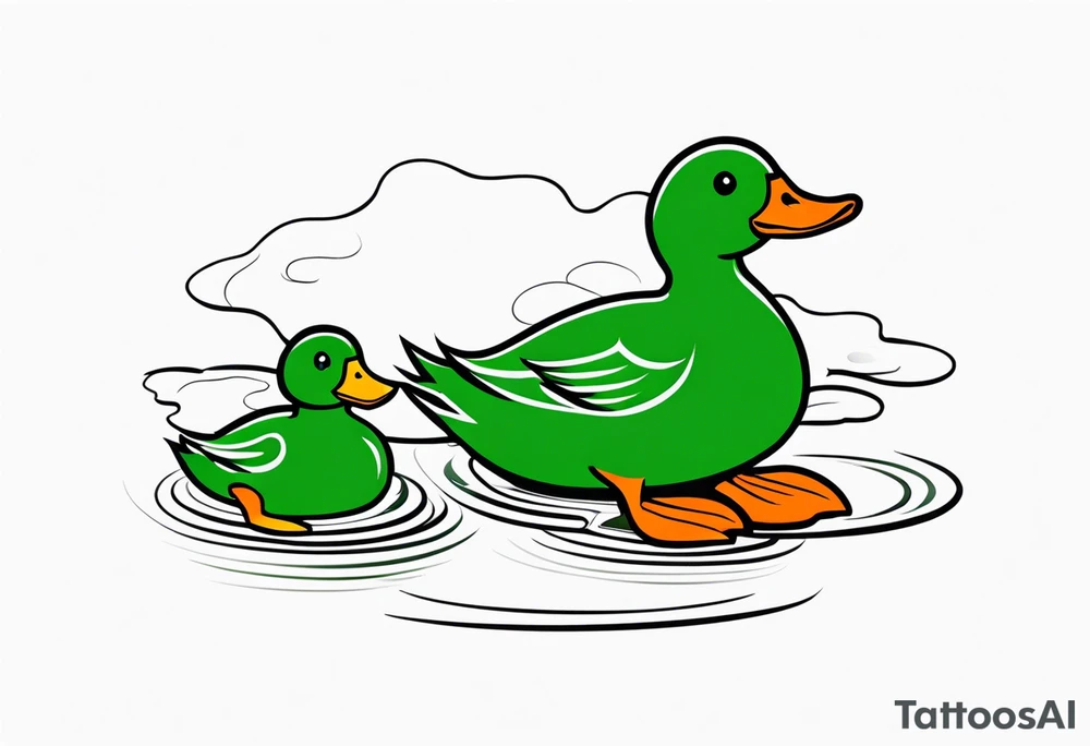 A white Duck with orange feet and a green toad playing together in a pond tattoo idea