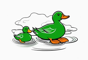 A white Duck with orange feet and a green toad playing together in a pond tattoo idea