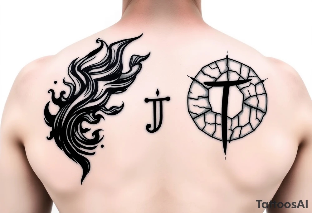 Your Tattoo (Sagittarius/Fire): A gritty, urban-style rendering of swirling flame or smoke. The design could incorporate a hidden stylized bow and arrow, the Sagittarius symbol, created from the negative space within the fire.
His Tattoo (Virgo/Earth): A contrasting design of a cracked, textured earth or rock formation. Hidden within the lines could be the Virgo symbol of the maiden, or a stylized letter 'T,' with your 'J' mirrored in the lines of the earth.
Connecting Element: The two designs could feature a matching texture or line work, so that when placed side-by-side, they appear to be parts of the same larger cosmic or terrestrial event. tattoo idea