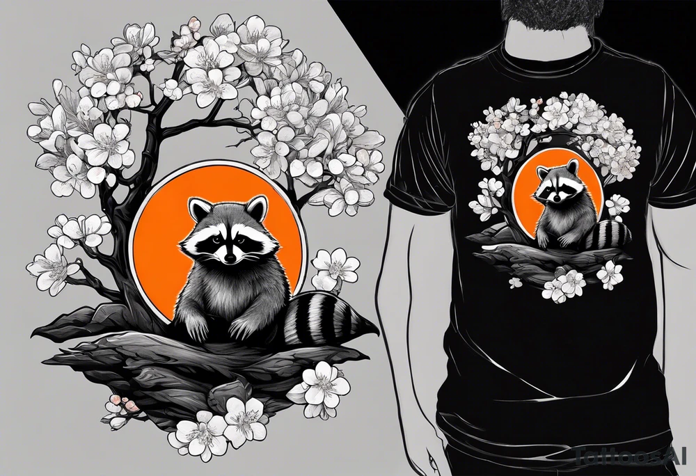 Raccoon wearing a white Superman logo on a black hoodie and orange Japanese cherry blossoms beside tattoo idea