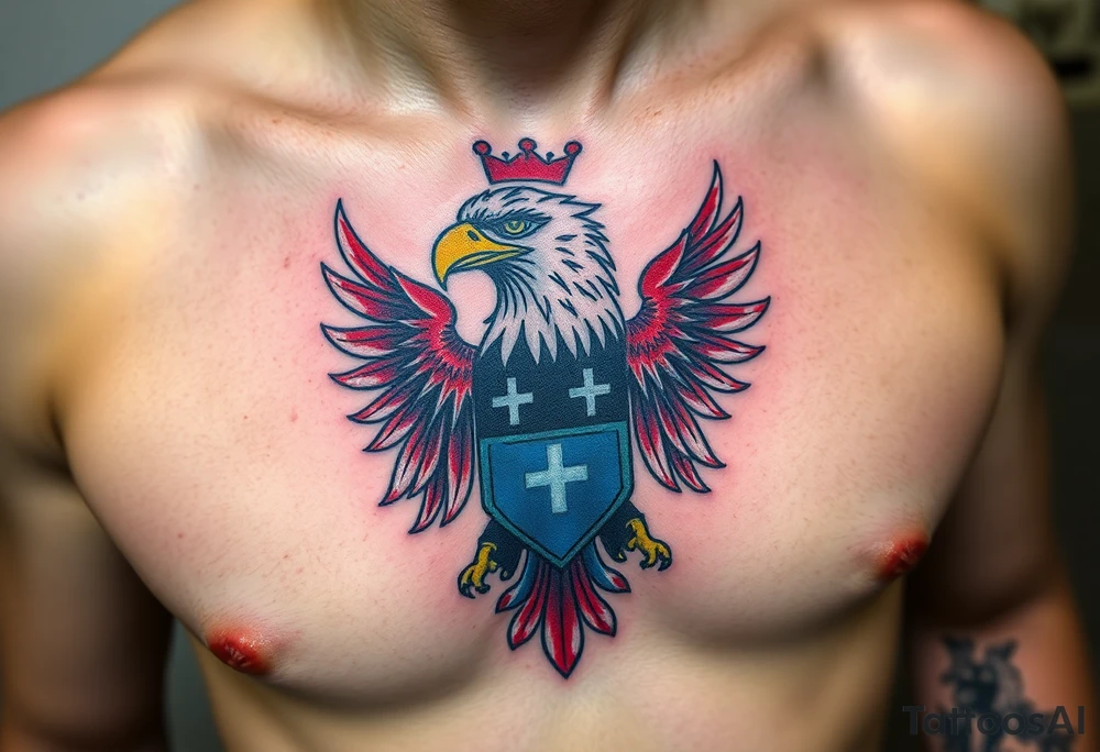A majestic red and white Moravian eagle with golden crown on its head with a blue shield tattoo idea