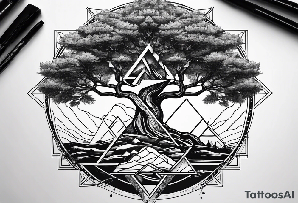 Yggdrasil tree with 3 minimalistic triangles tattoo idea
