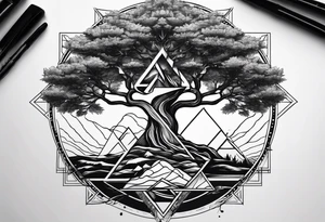 Yggdrasil tree with 3 minimalistic triangles tattoo idea