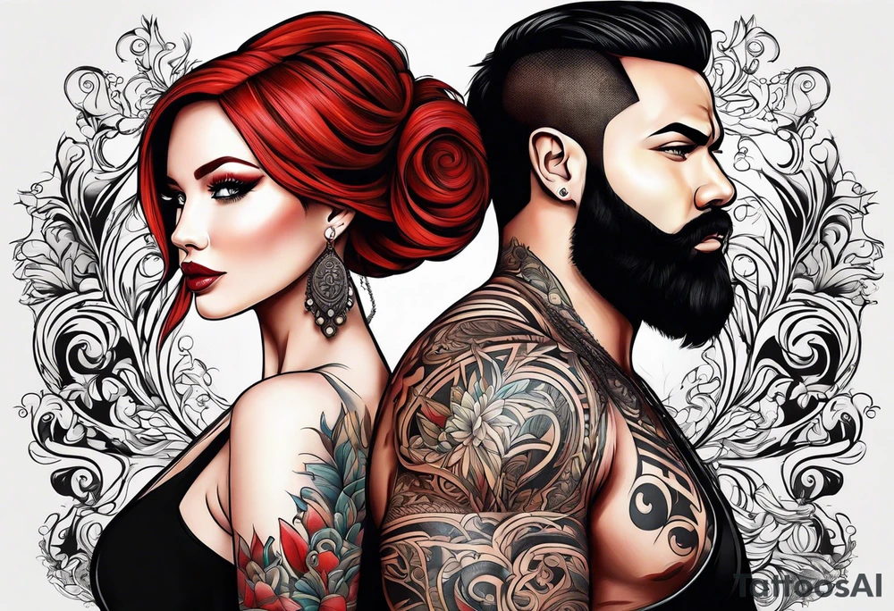 Busty red hair woman with bearded man black hair tattoo idea