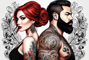 Busty red hair woman with bearded man black hair tattoo idea