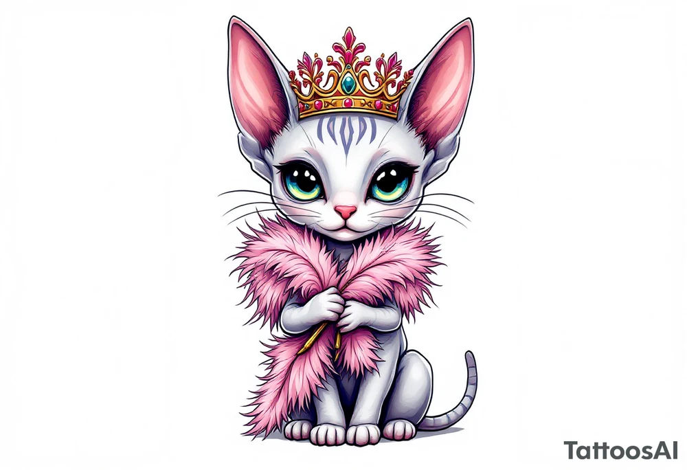 Chibi new school Glamorous sphinx cat holding 
pink feather boa and wearing a crown tattoo idea