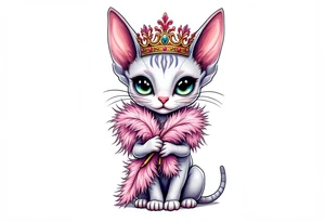Chibi new school Glamorous sphinx cat holding 
pink feather boa and wearing a crown tattoo idea