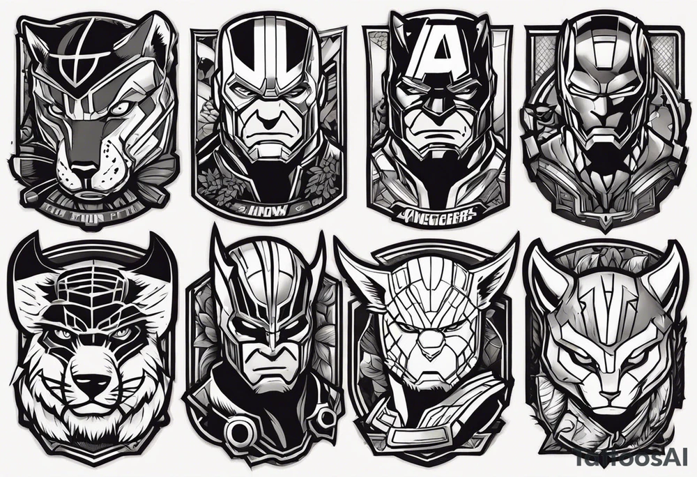 I want to change Avengers Team characters with animals. Hulk will be Badger, Thor will be Alpha Grey Wolf, Captain America will be Bull, Iron Man will be Canary, Black Widow will be Axolotl, Hawk Eye will be Sudan Plated Lizard and Nick Fury will be Cat. tattoo idea