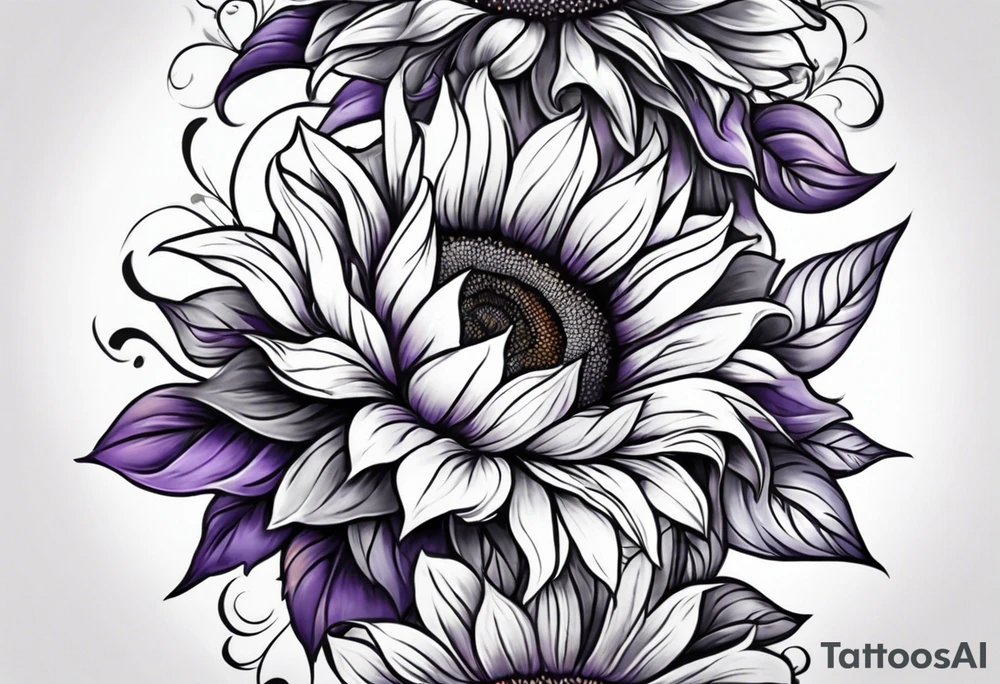 Full leg sleeve with purple, orange and blue sunflowers tattoo idea Full leg sleeve with purple, orange and blue sunflowers tattoo idea