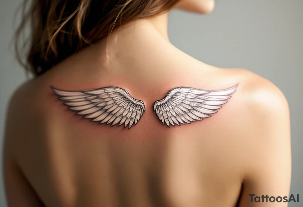 A pair of white angel wings spanning the back, representing spiritual freedom and protection. tattoo idea