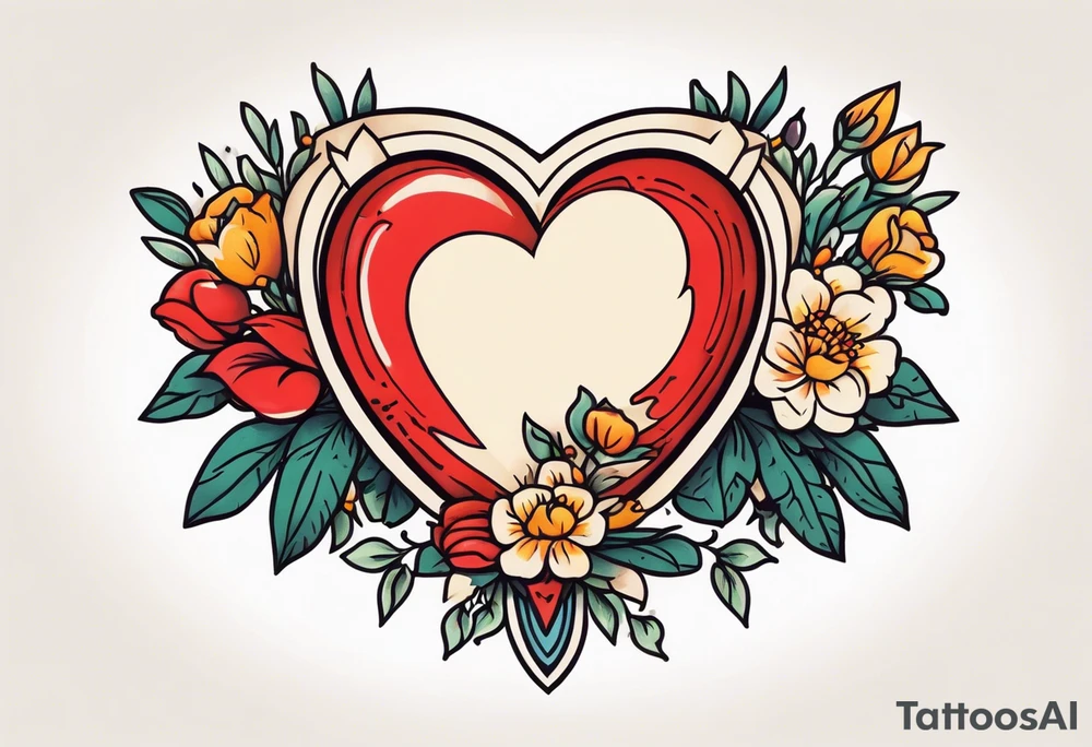 heart traditonal vintage tattoo colorful with flowers and banner tattoo idea