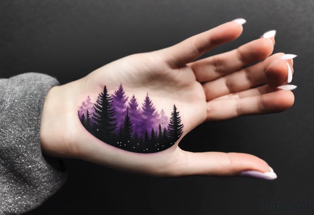 forest, abstract, on hand, no people, purple and black, full, whole wrist wrapped tattoo idea