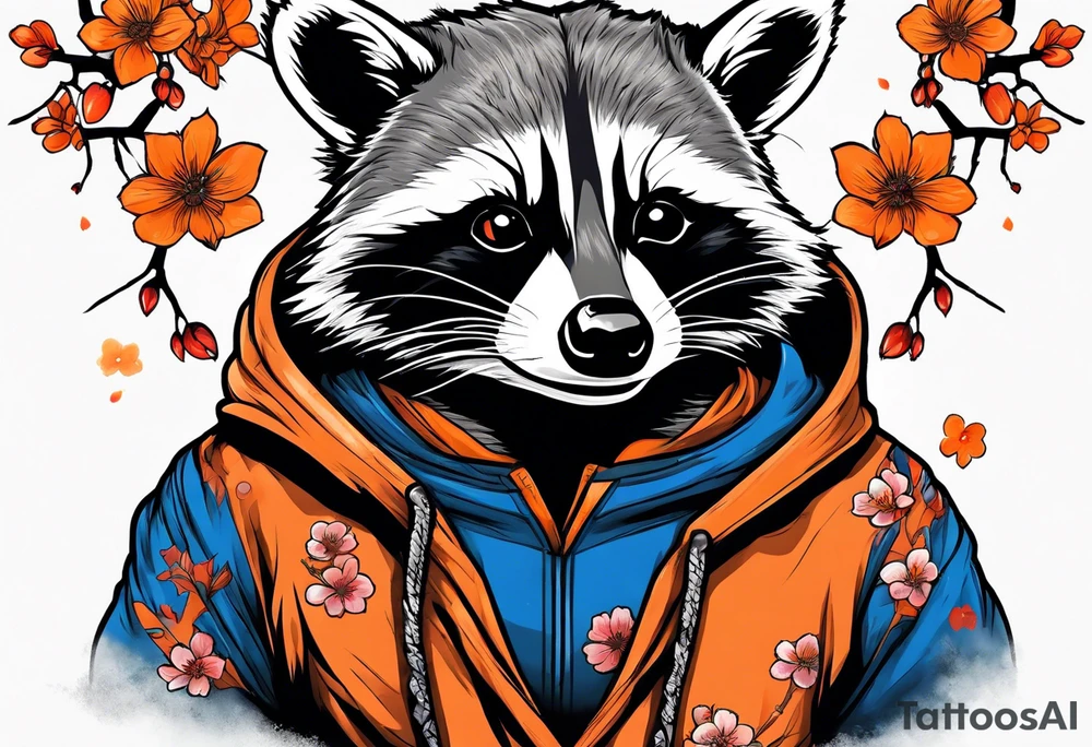 raccoon wearing a Superman hoodie with black and white logo and orange Japanese cherry blossoms tattoo idea