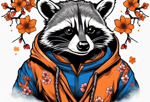 raccoon wearing a Superman hoodie with black and white logo and orange Japanese cherry blossoms tattoo idea