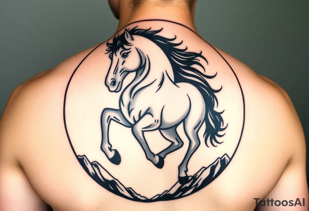 A golden mustang horse with black mane and legs, captured in motion inside a circle. The mountains and nature should frame the design, blending with the horse's black fur as a base to represent the landscape. Experiment with using the black fur to shape the mountains, playing with edges or interior details. tattoo idea