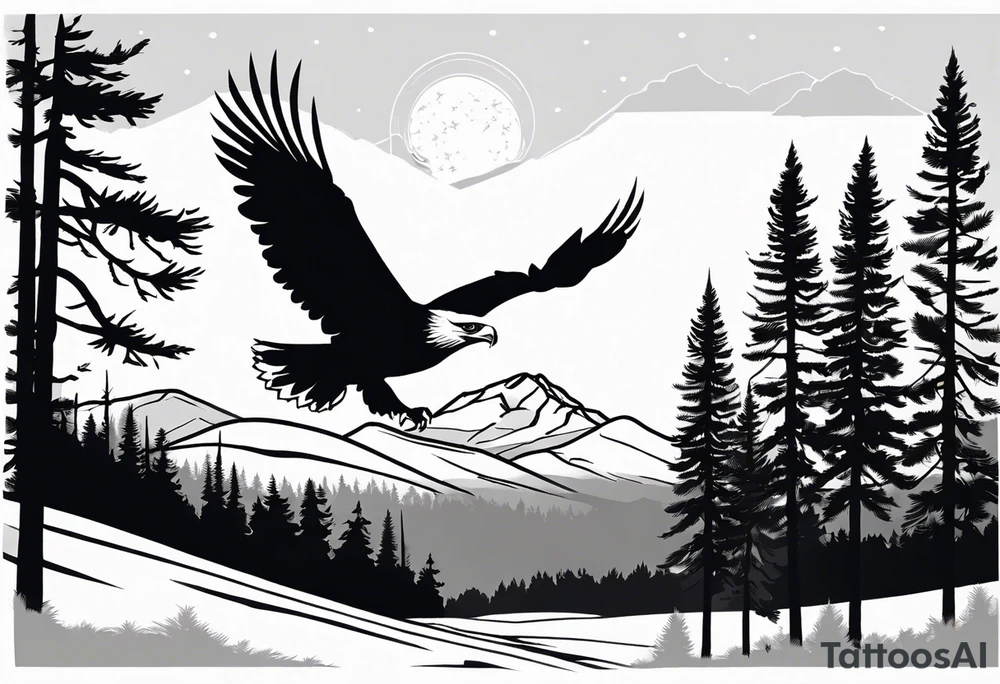 Black and white silhouette illustration of a a winter's night, with a mountain landscape in the background. An eagle is flying in the sky, depicted in bold black lines. A large pine tree stands in the left foreground, outlined simply. The window frame and scenery are drawn with minimal detail, focusing on the shapes and silhouette of the eagle and tree, with a serene, tranquil atmosphere in the composition. tattoo idea
