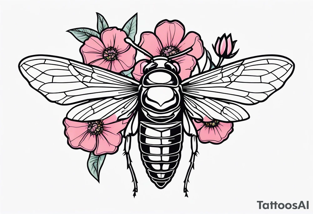 Neo traditional Cicada and pink flower tattoo idea