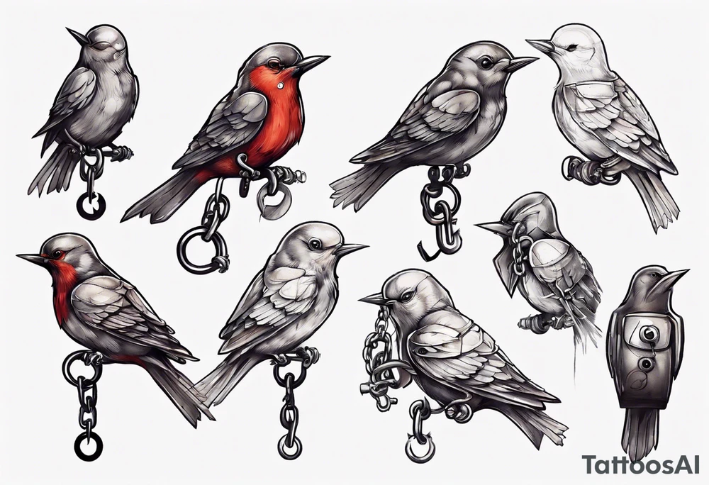 A songbird with no head, shackle and chain on leg tattoo idea
