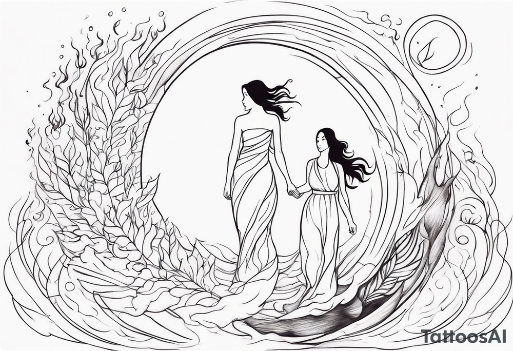 Resurrection Beautiful Woman walking through fire and chaos to inner peace and self-love  ethereal tattoo idea