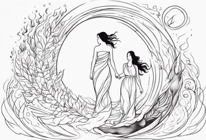 Resurrection Beautiful Woman walking through fire and chaos to inner peace and self-love  ethereal tattoo idea