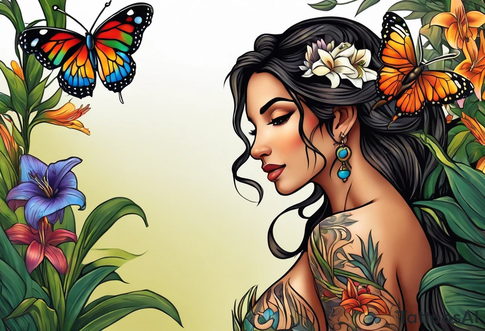 Portrait full length of Hispanic wood nymph made or bark and branches standing upright.  Butterflies in background. Lillies near her feet with colorful vegetation. tattoo idea
