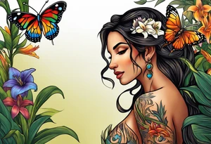 Portrait full length of Hispanic wood nymph made or bark and branches standing upright.  Butterflies in background. Lillies near her feet with colorful vegetation. tattoo idea
