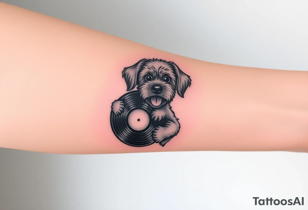 happy doodle dog holding a vinyl record tattoo idea